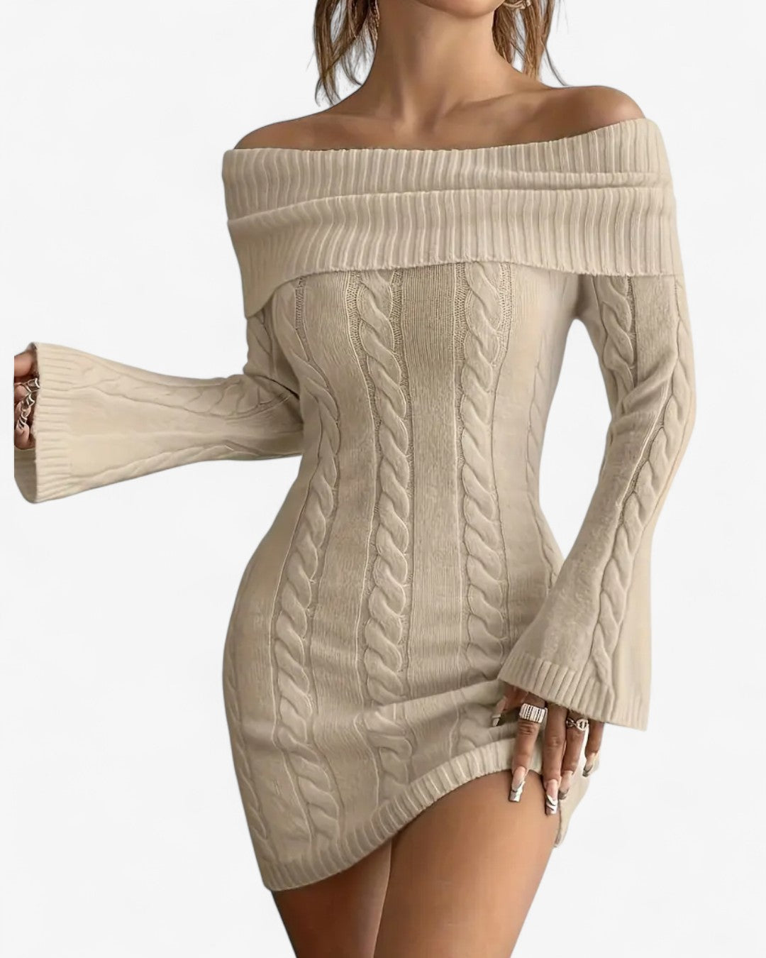 Off-Shoulder Ribbed Knit Sweater Dress