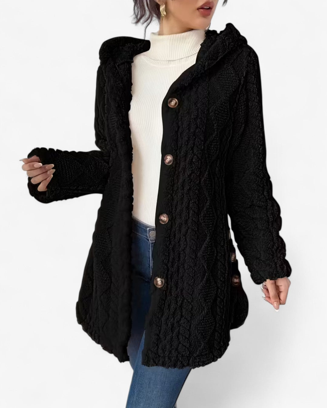Textured Hooded Faux Fur Coat