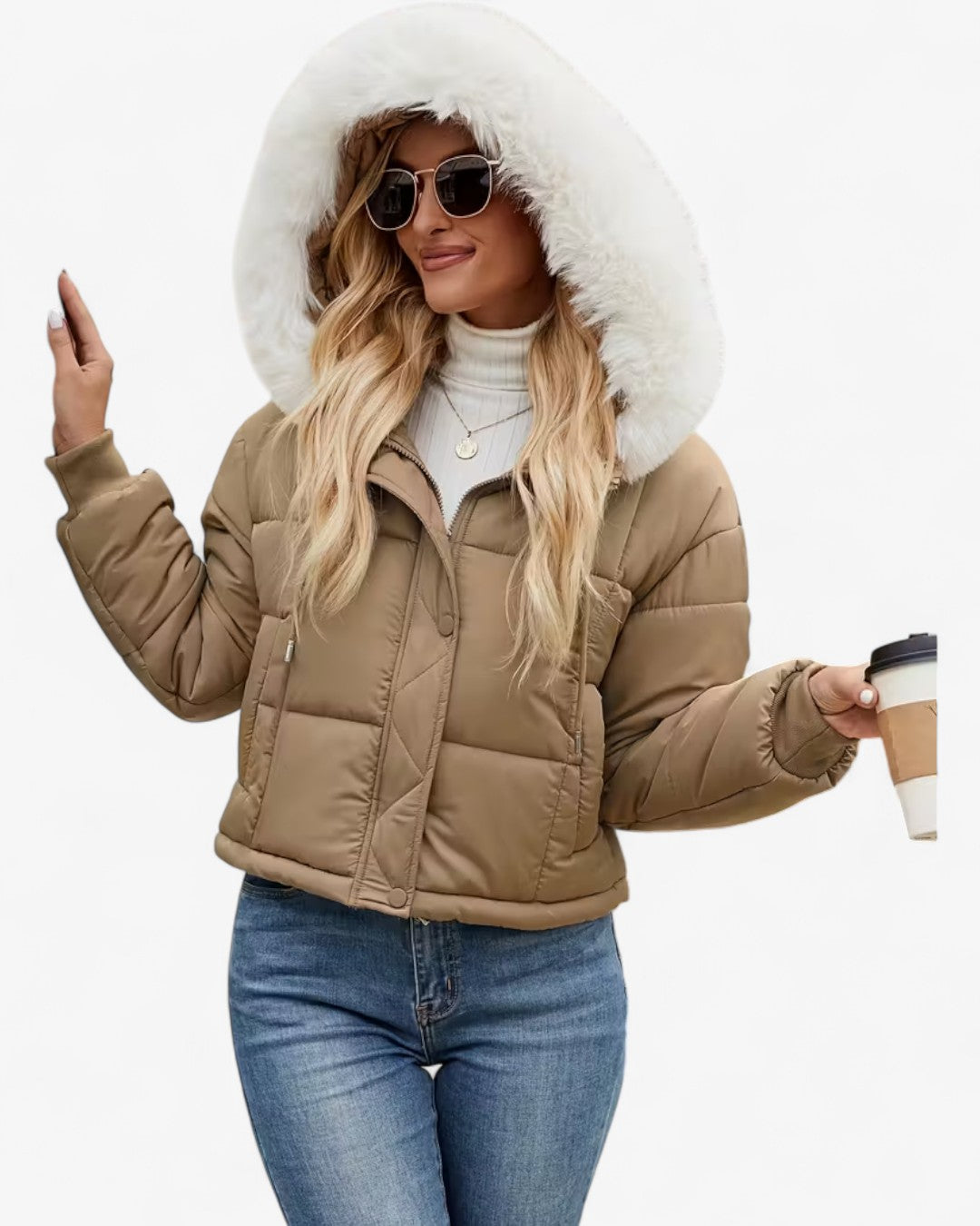 Short Hooded Jacket with Faux Fur Trim