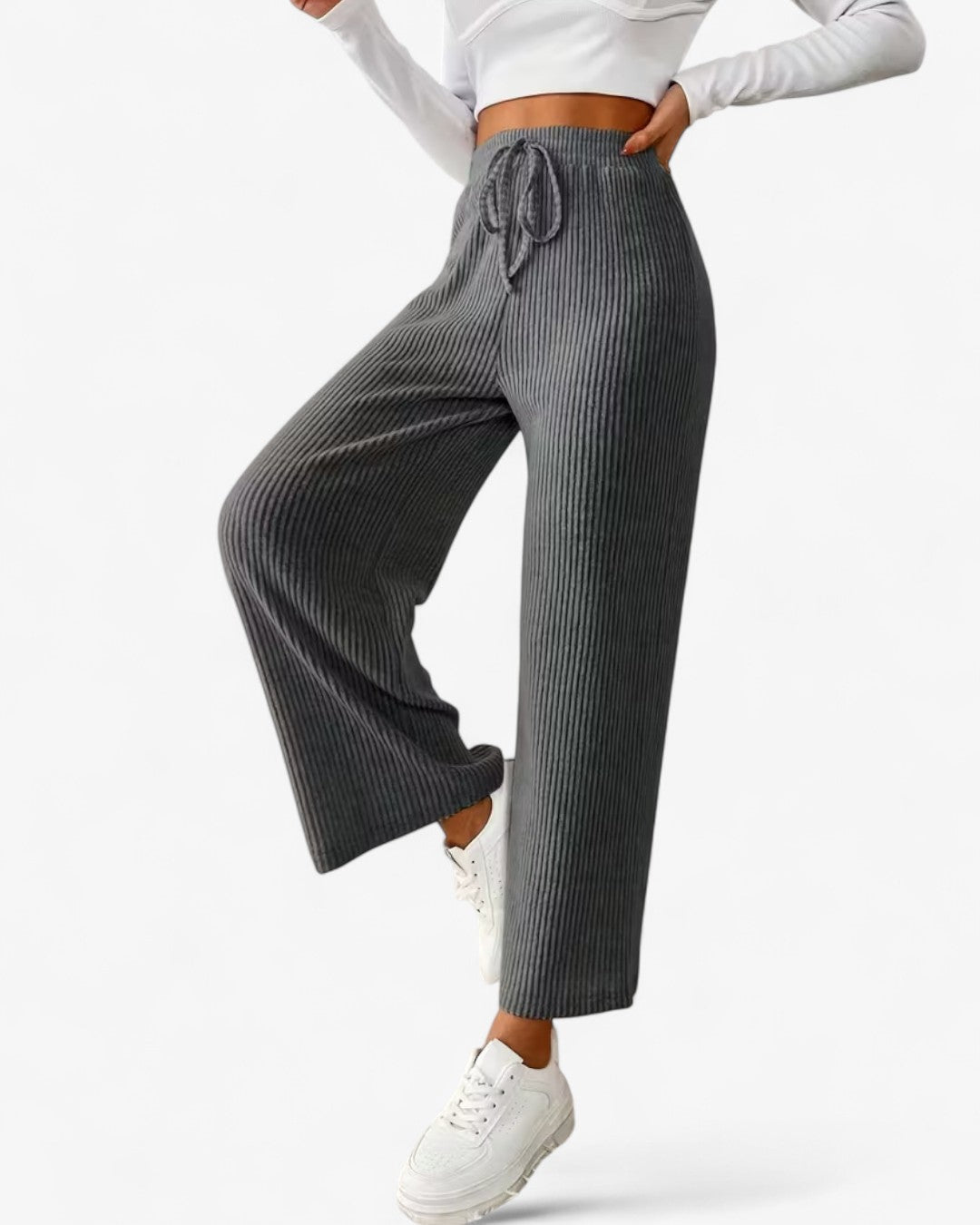 Solid Ribbed High-Waisted Wide-Leg Pants