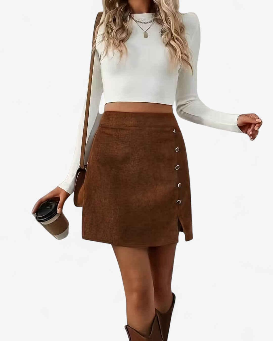Brown A-Line Skirt with Button Detail