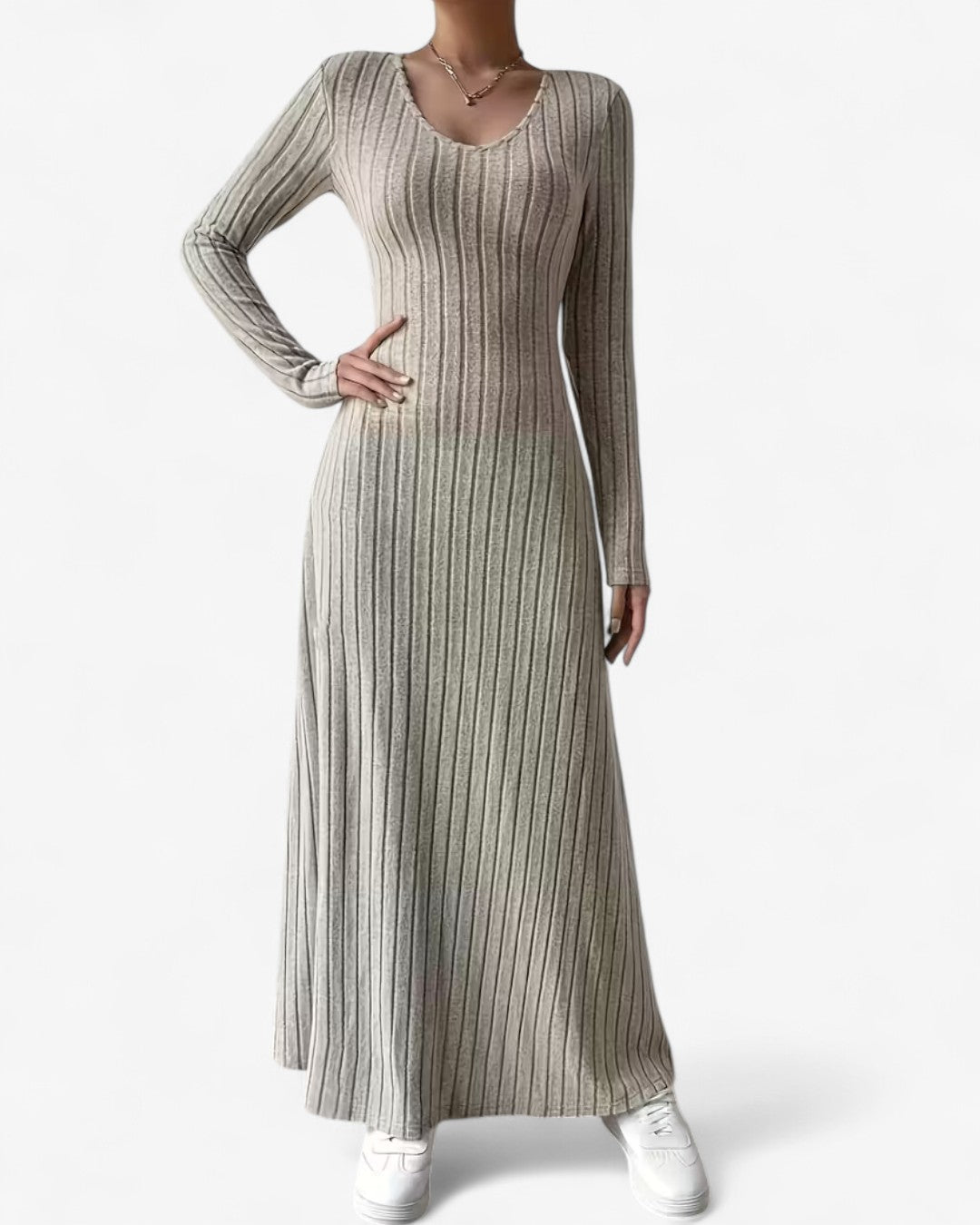 V-Neck Long-Sleeve A-Line Maxi Dress