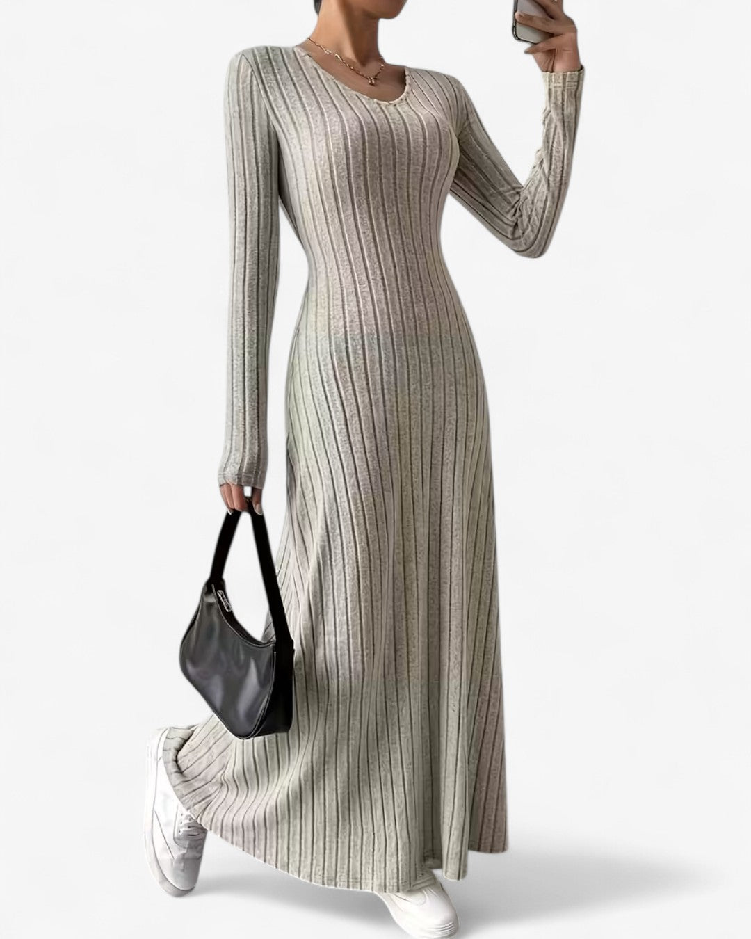 V-Neck Long-Sleeve A-Line Maxi Dress