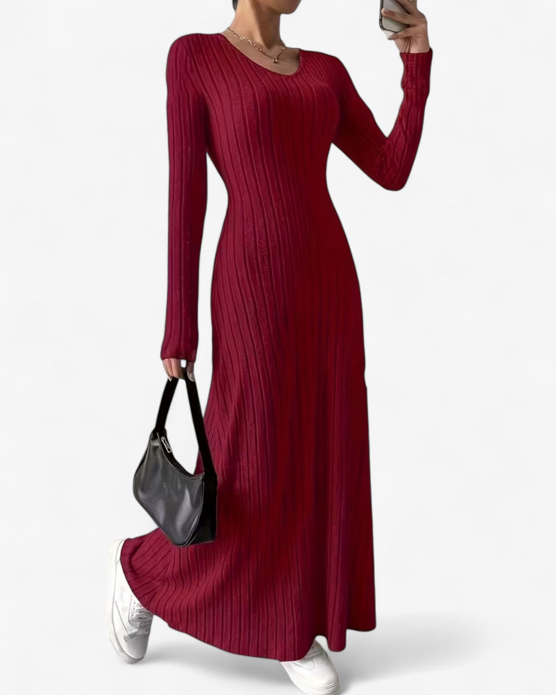 V-Neck Long-Sleeve A-Line Maxi Dress