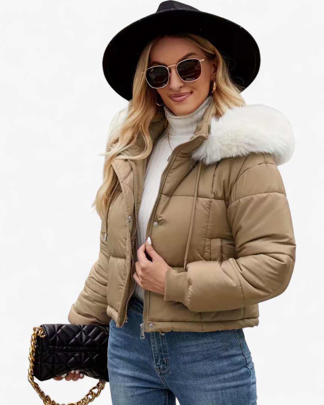 Short Hooded Jacket with Faux Fur Trim