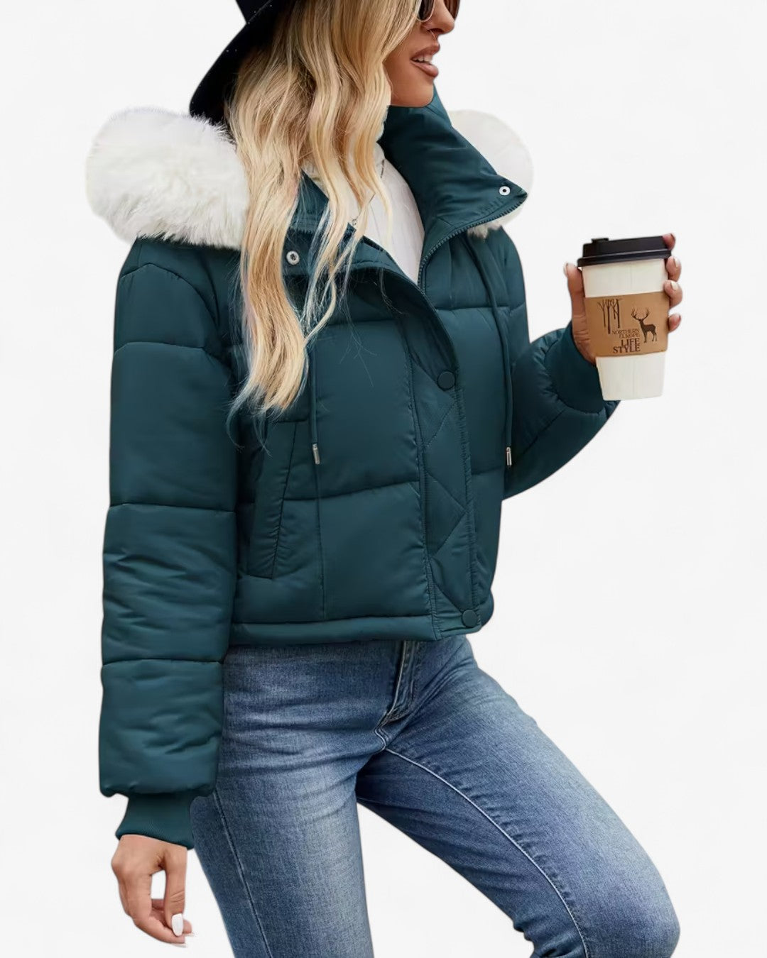 Short Hooded Jacket with Faux Fur Trim