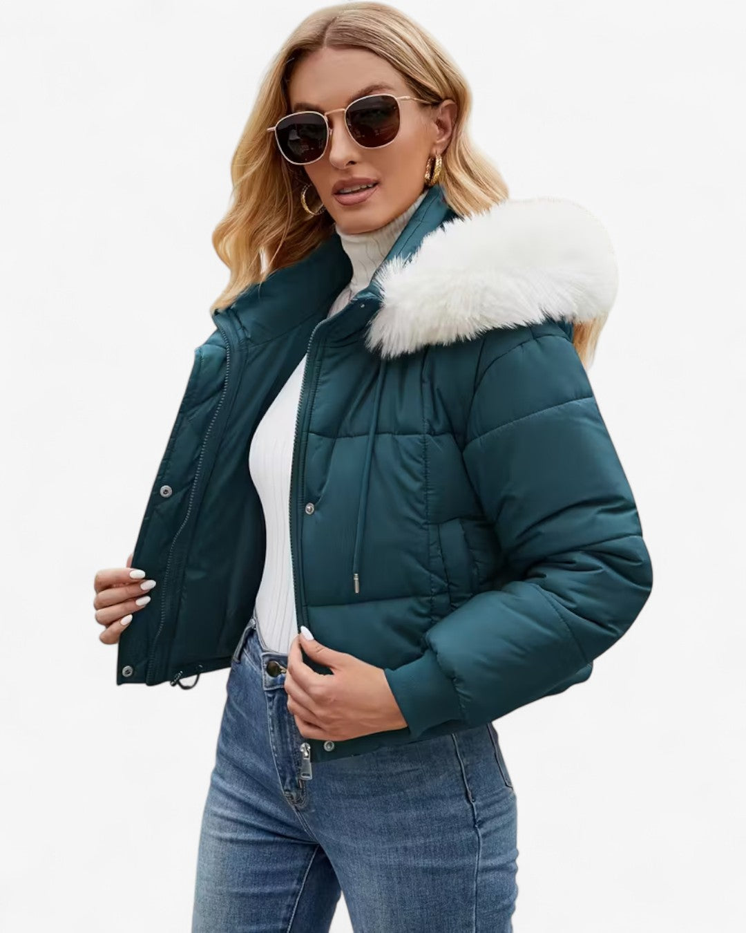 Short Hooded Jacket with Faux Fur Trim