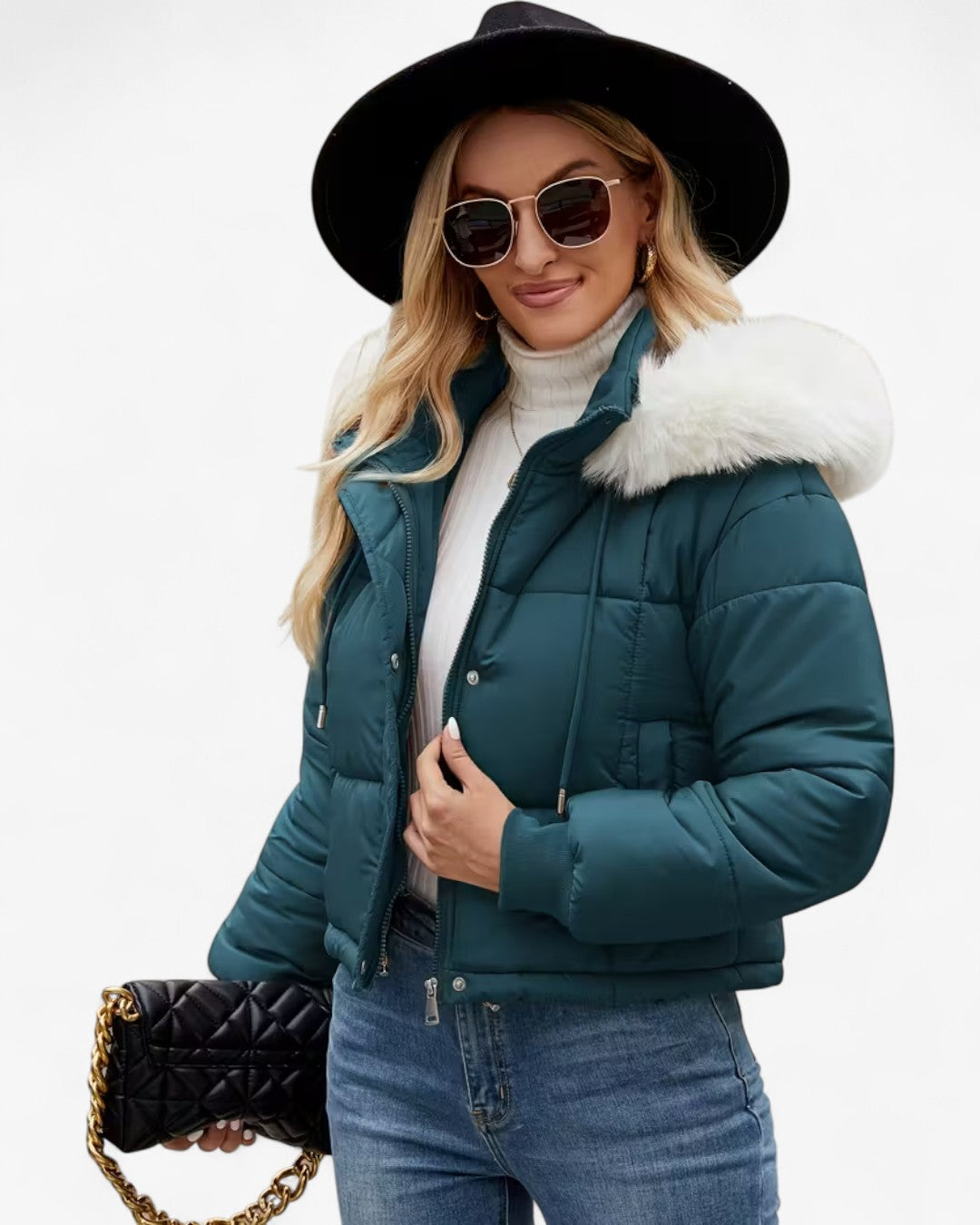 Short Hooded Jacket with Faux Fur Trim