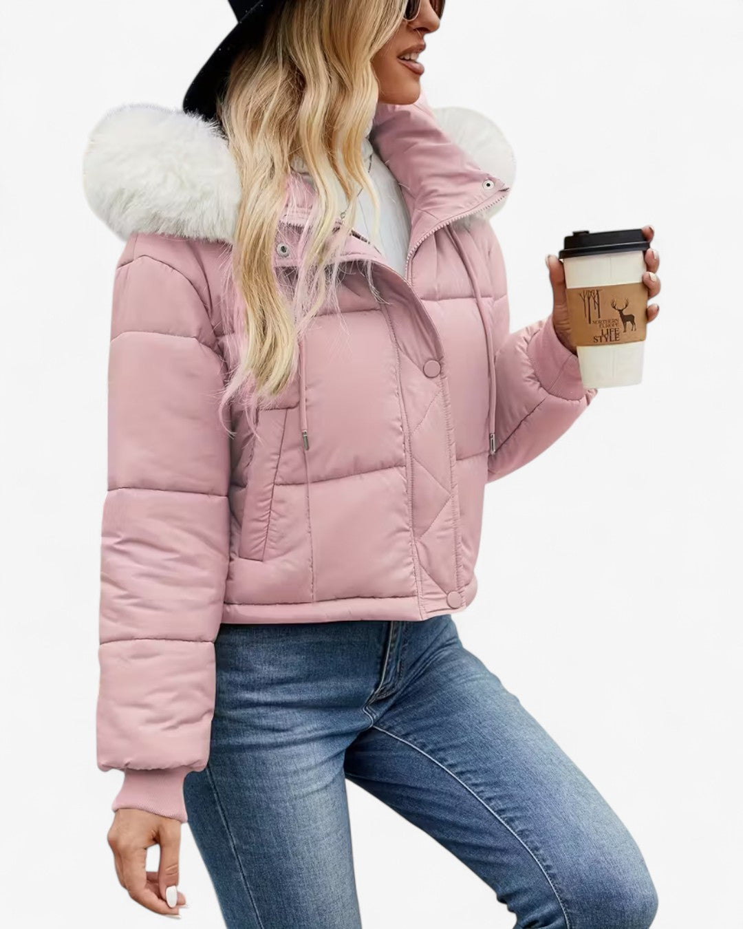 Short Hooded Jacket with Faux Fur Trim