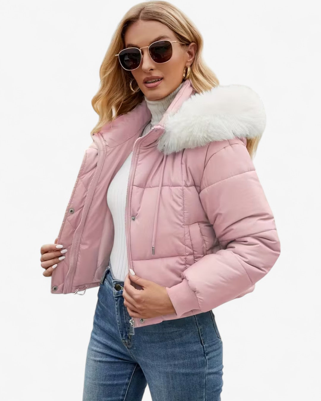 Short Hooded Jacket with Faux Fur Trim