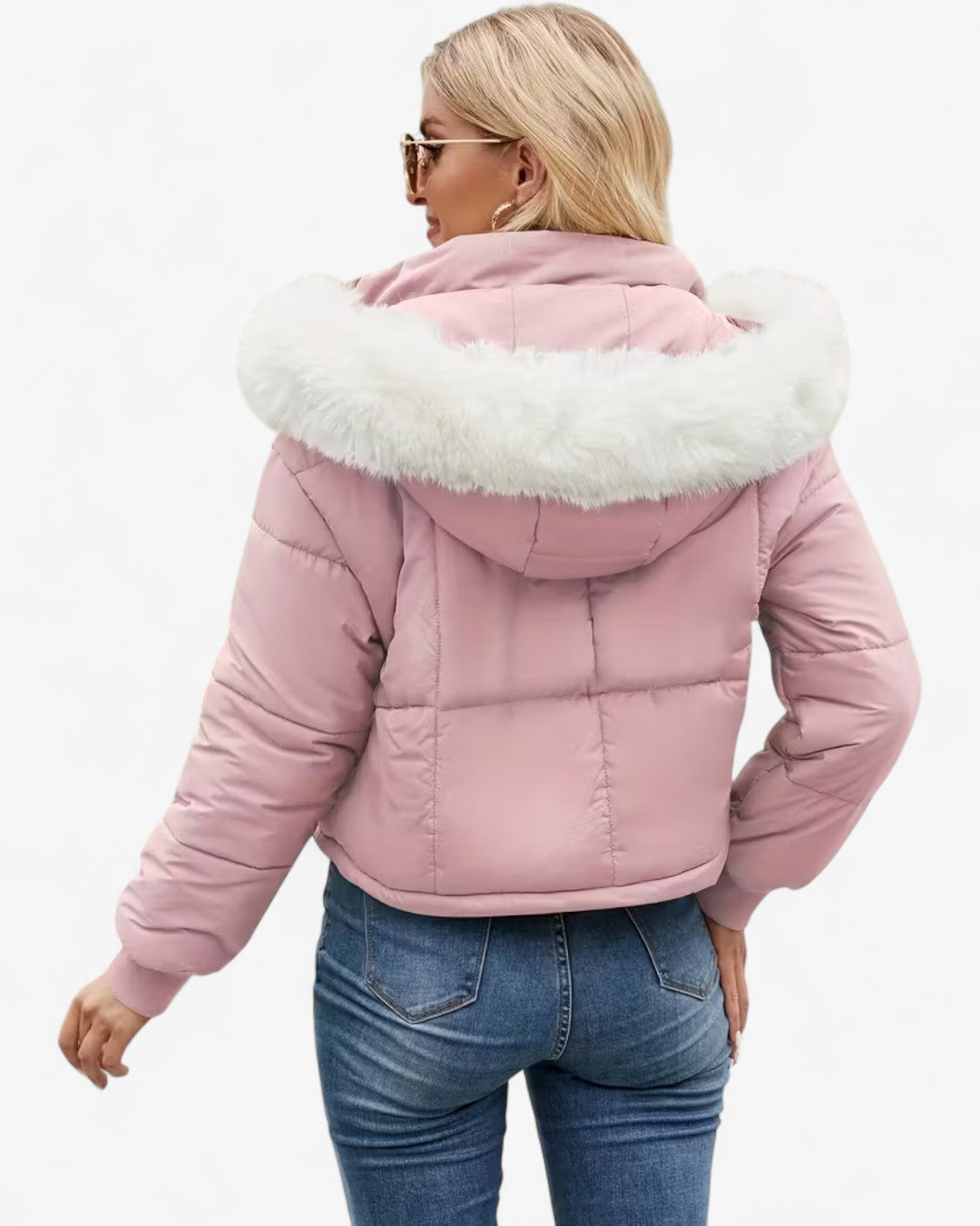 Short Hooded Jacket with Faux Fur Trim