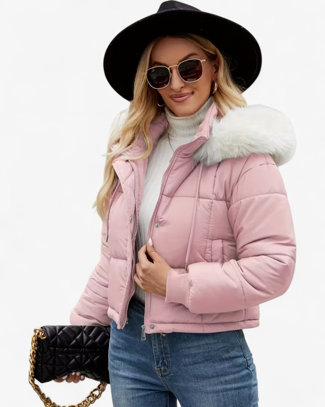 Short Hooded Jacket with Faux Fur Trim