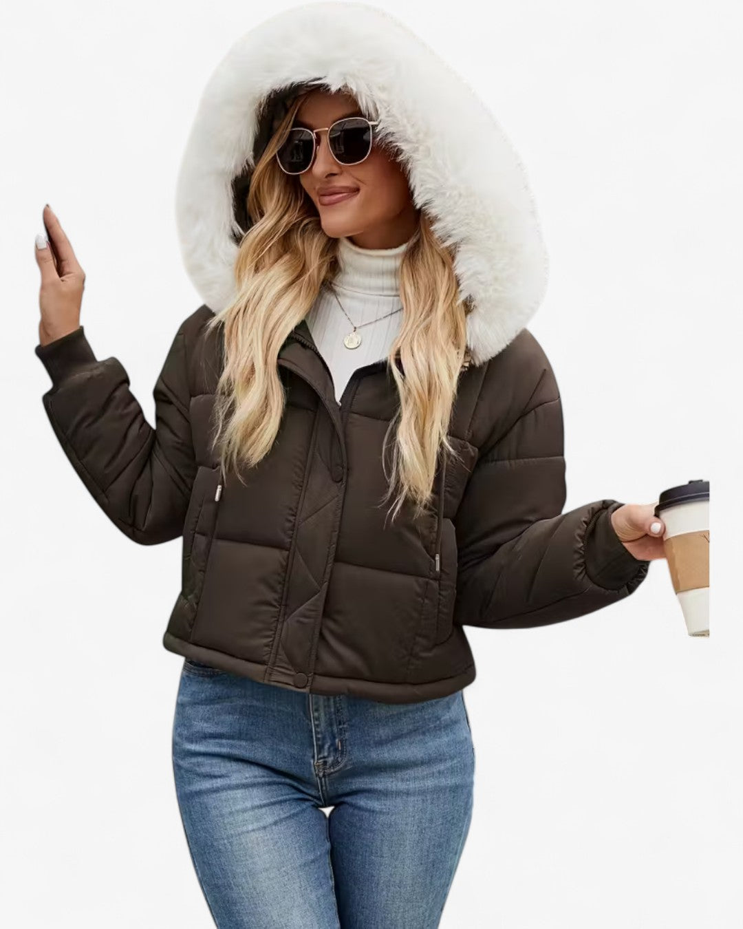 Short Hooded Jacket with Faux Fur Trim