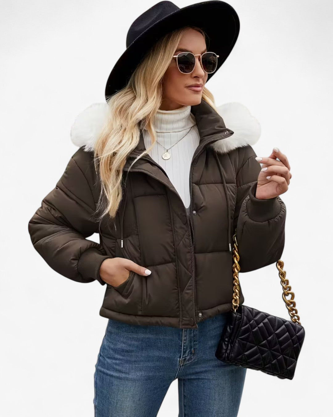Short Hooded Jacket with Faux Fur Trim