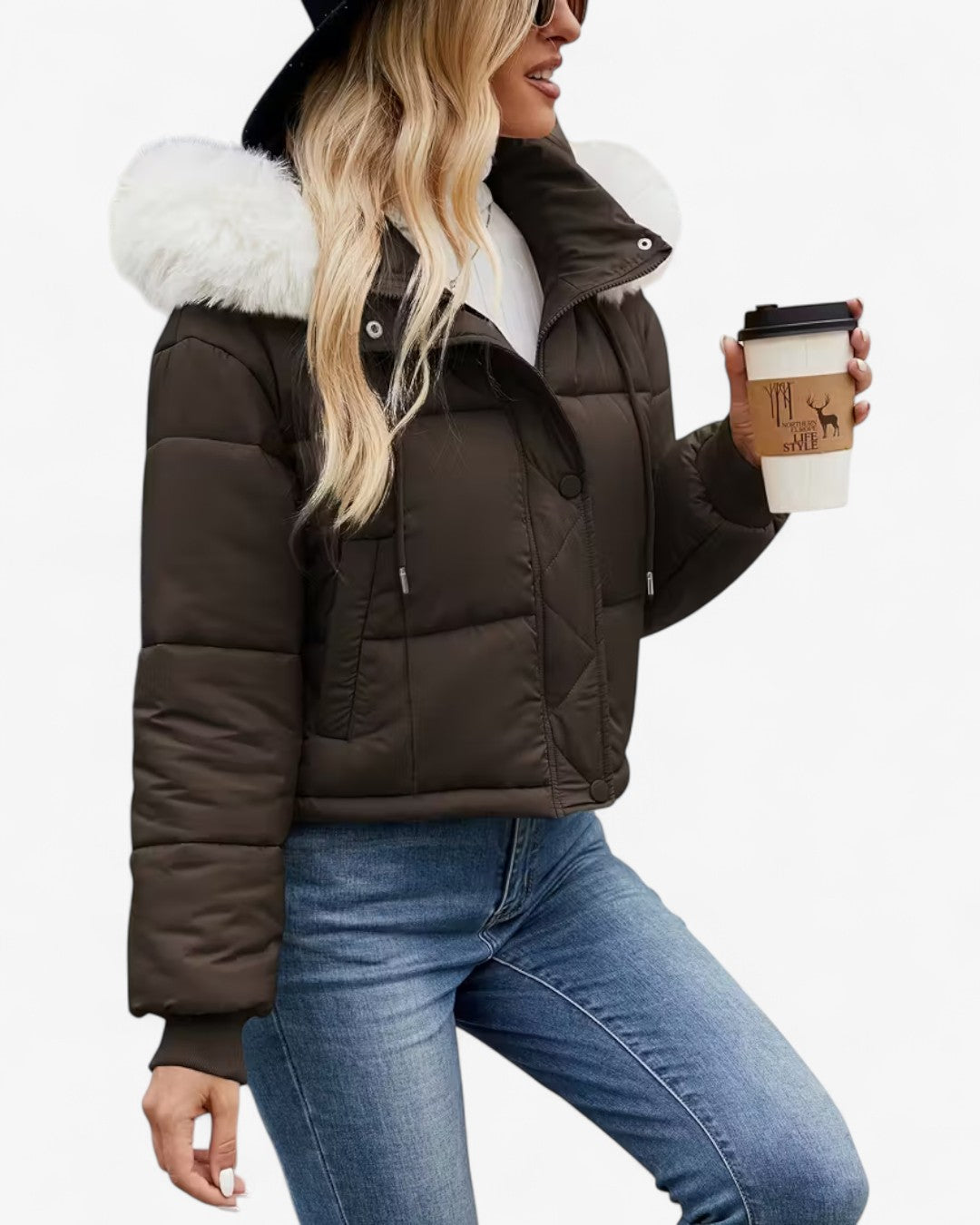 Short Hooded Jacket with Faux Fur Trim