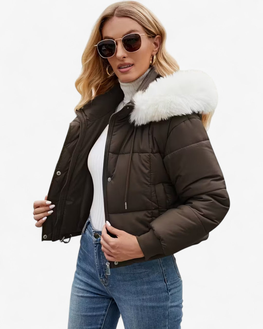 Short Hooded Jacket with Faux Fur Trim