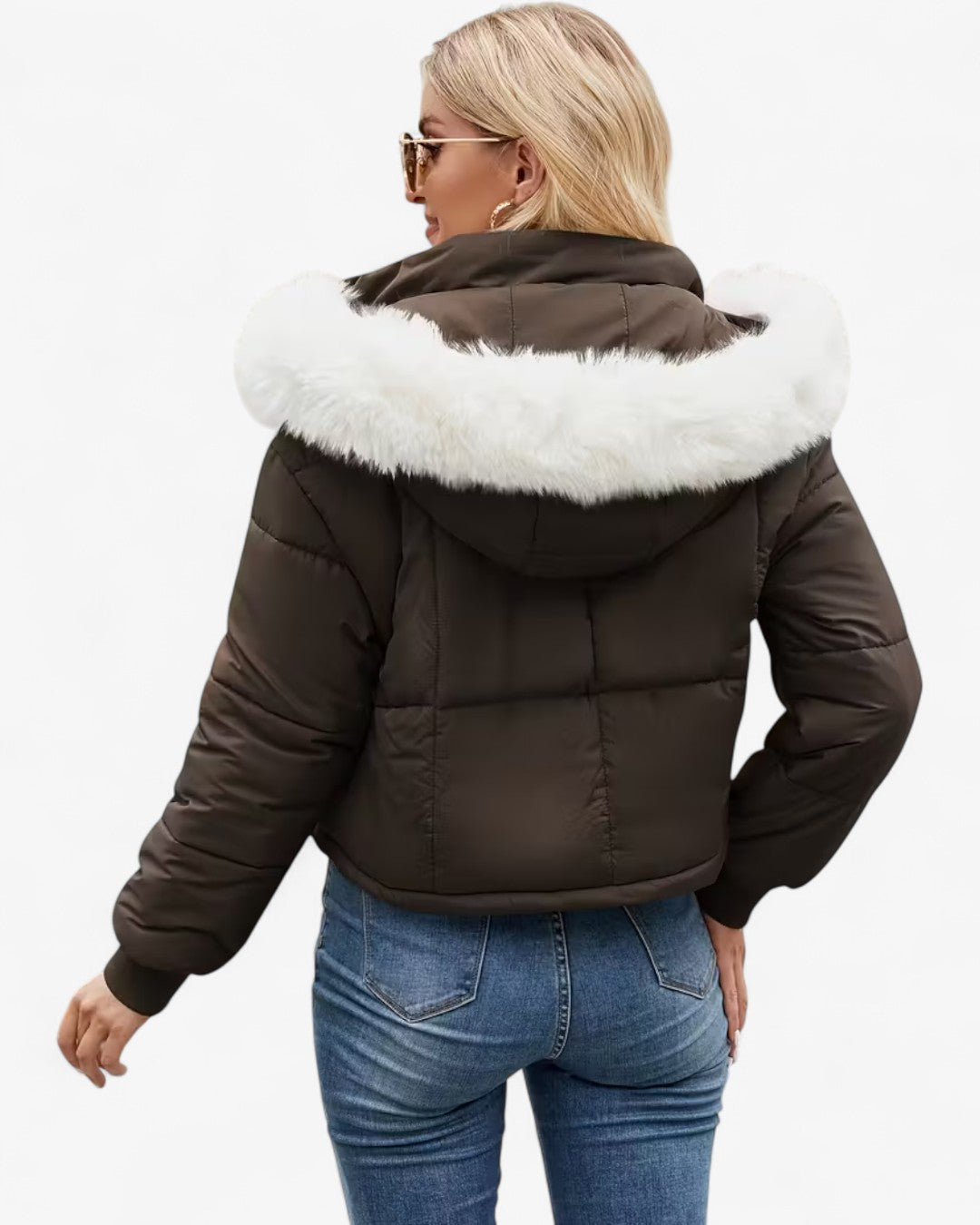 Short Hooded Jacket with Faux Fur Trim