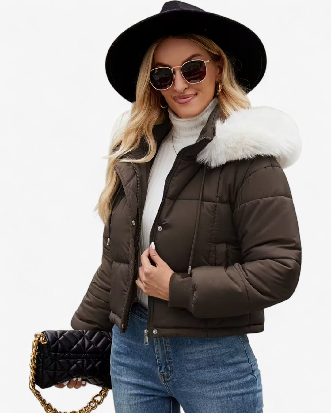 Short Hooded Jacket with Faux Fur Trim