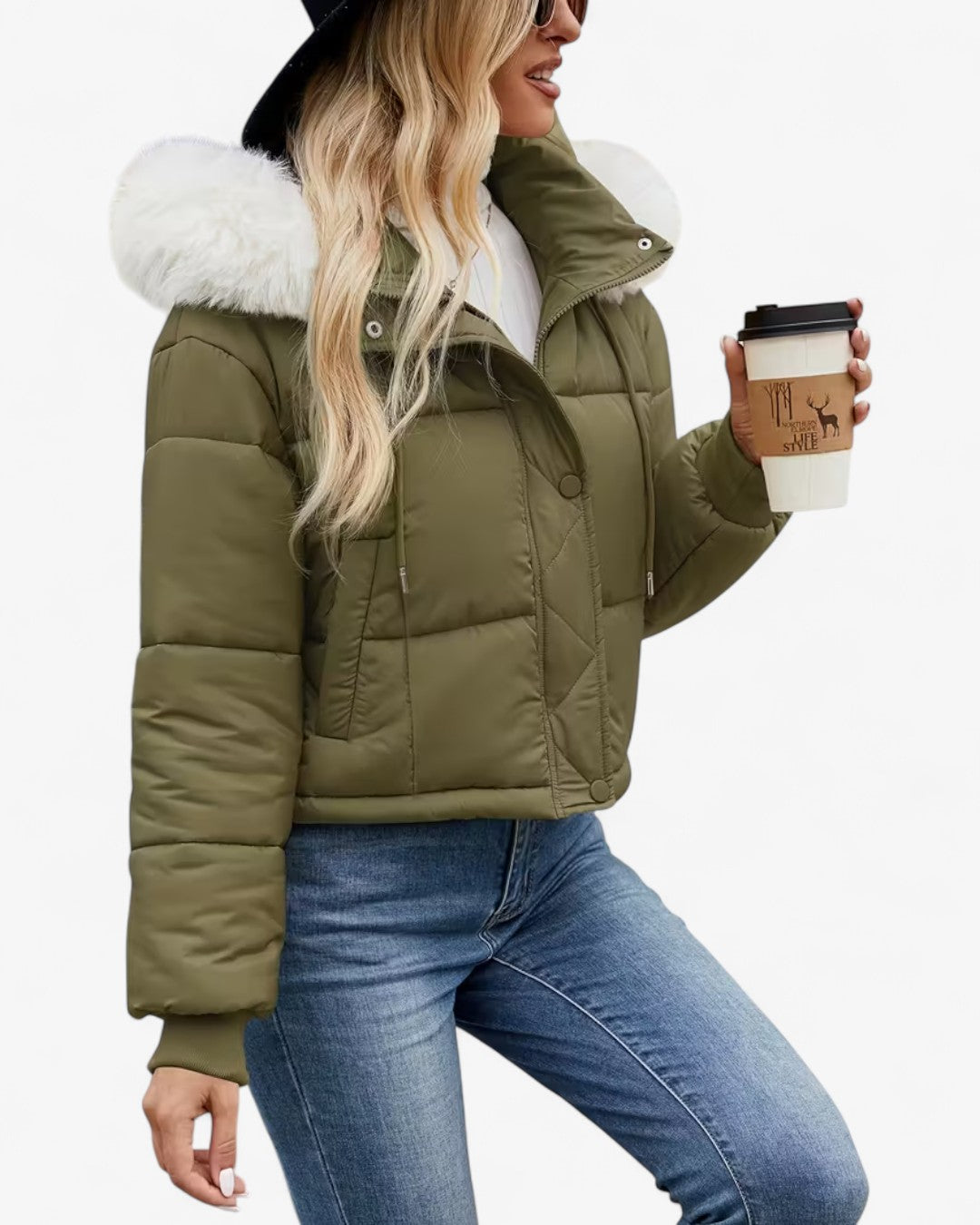 Short Hooded Jacket with Faux Fur Trim