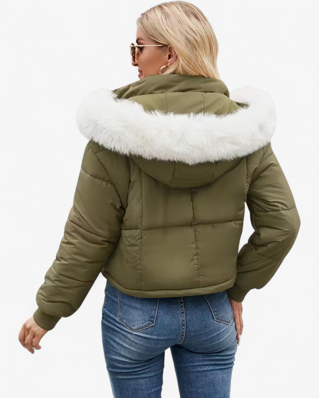 Short Hooded Jacket with Faux Fur Trim