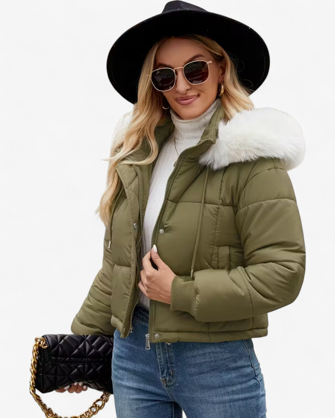 Short Hooded Jacket with Faux Fur Trim