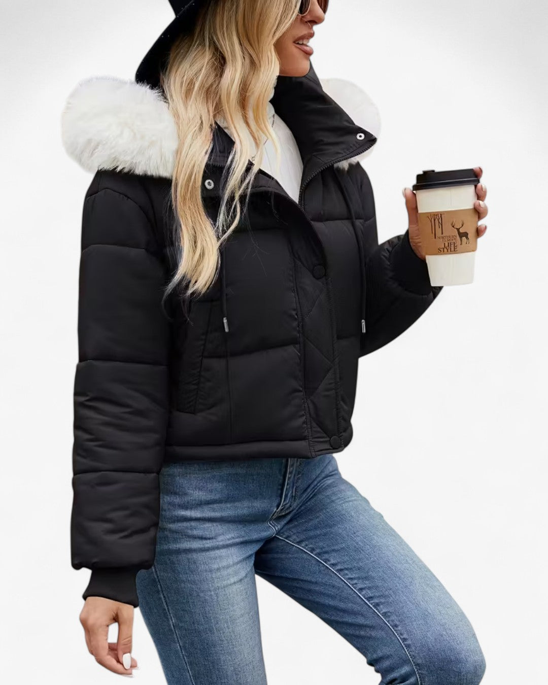 Short Hooded Jacket with Faux Fur Trim