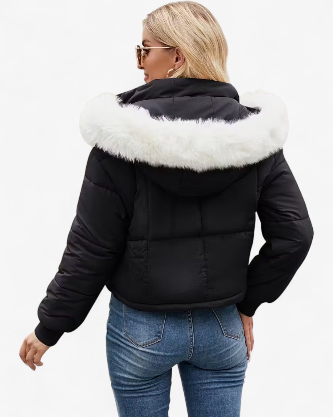 Short Hooded Jacket with Faux Fur Trim