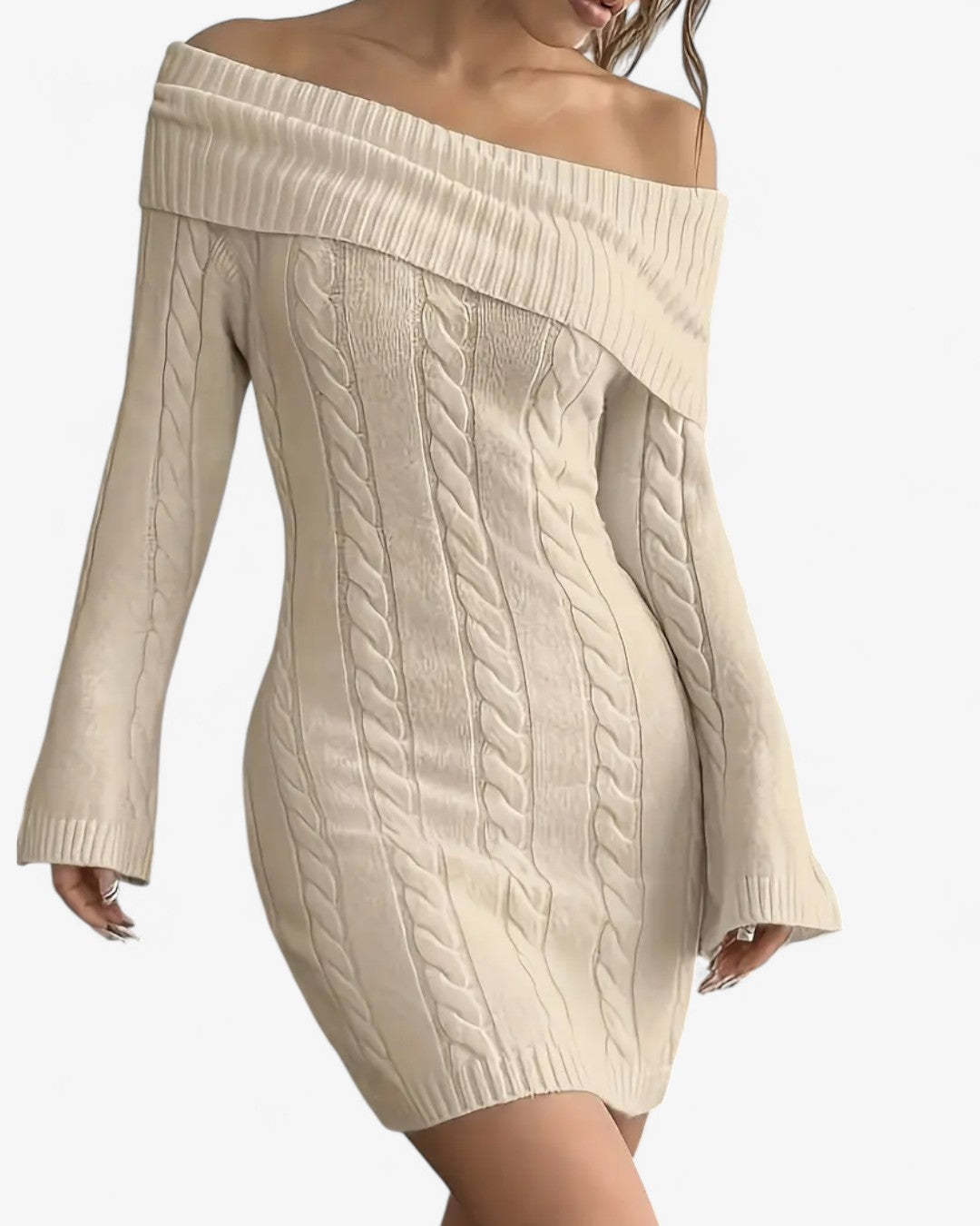 Off-Shoulder Ribbed Knit Sweater Dress