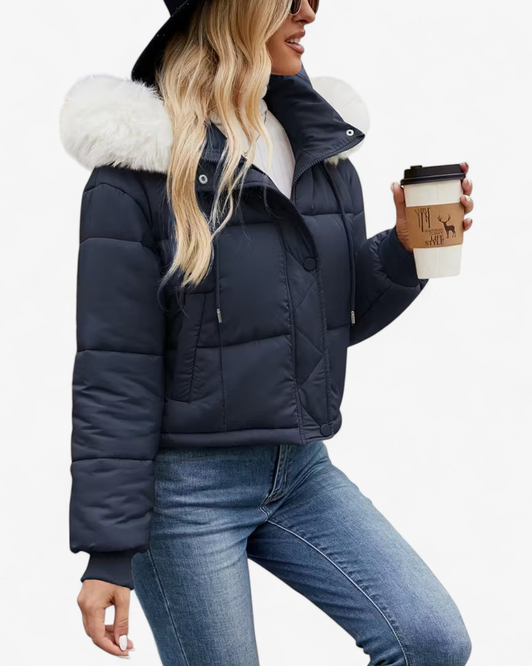 Short Hooded Jacket with Faux Fur Trim