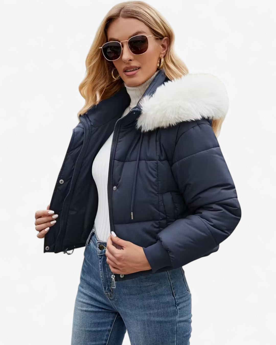 Short Hooded Jacket with Faux Fur Trim