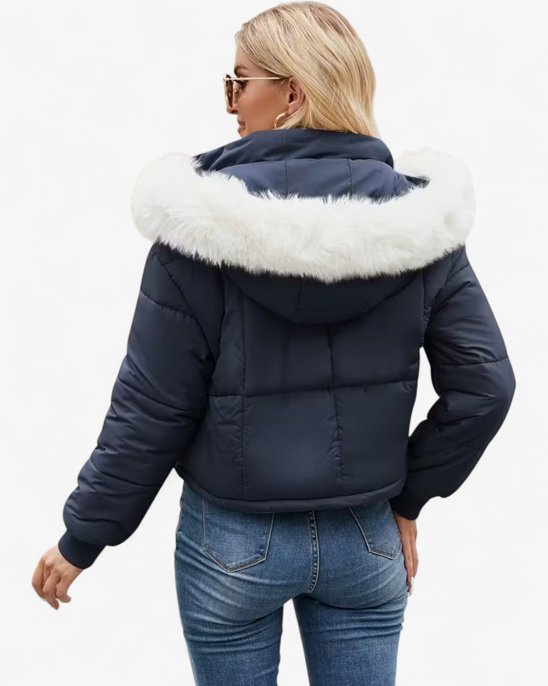 Short Hooded Jacket with Faux Fur Trim