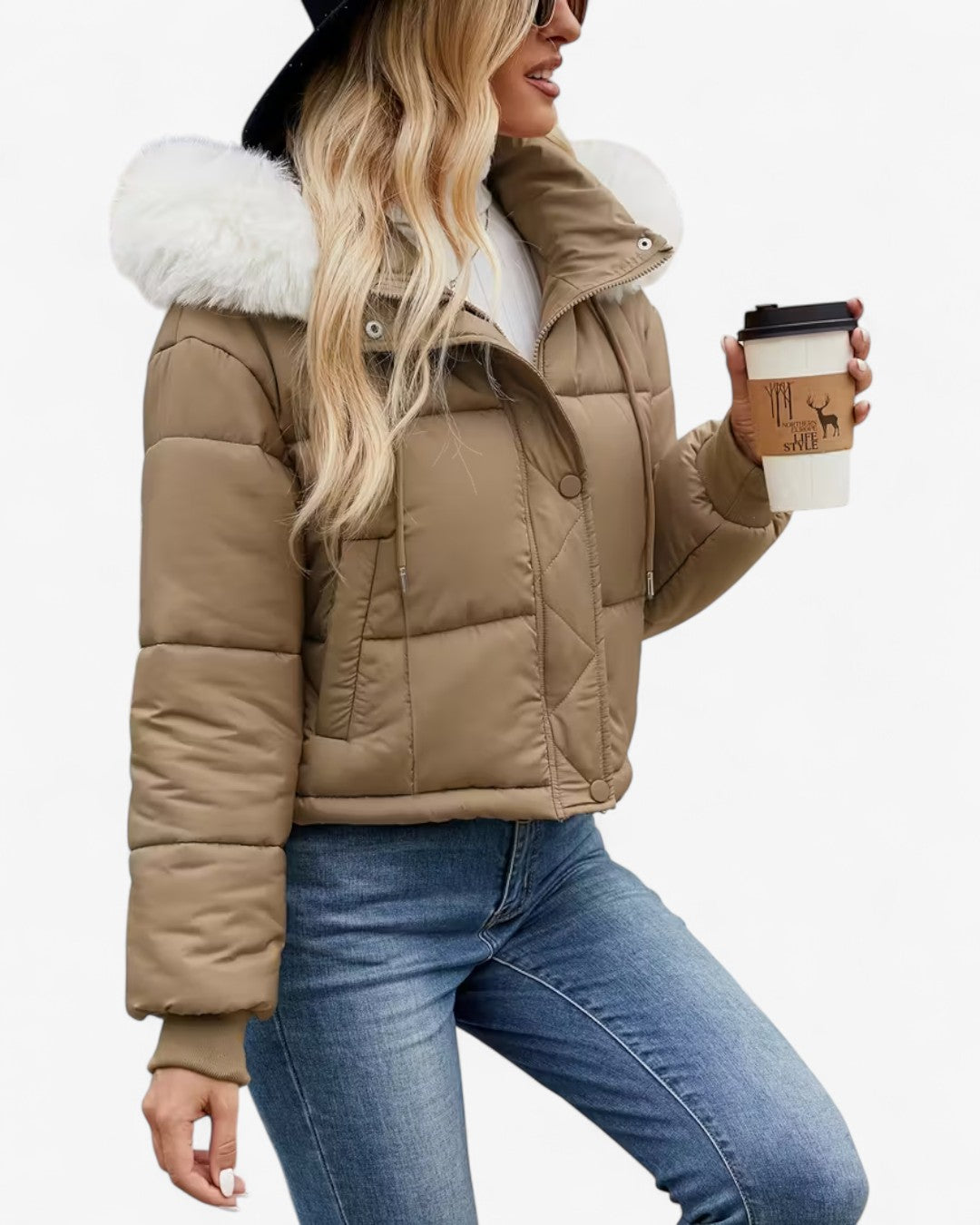 Short Hooded Jacket with Faux Fur Trim
