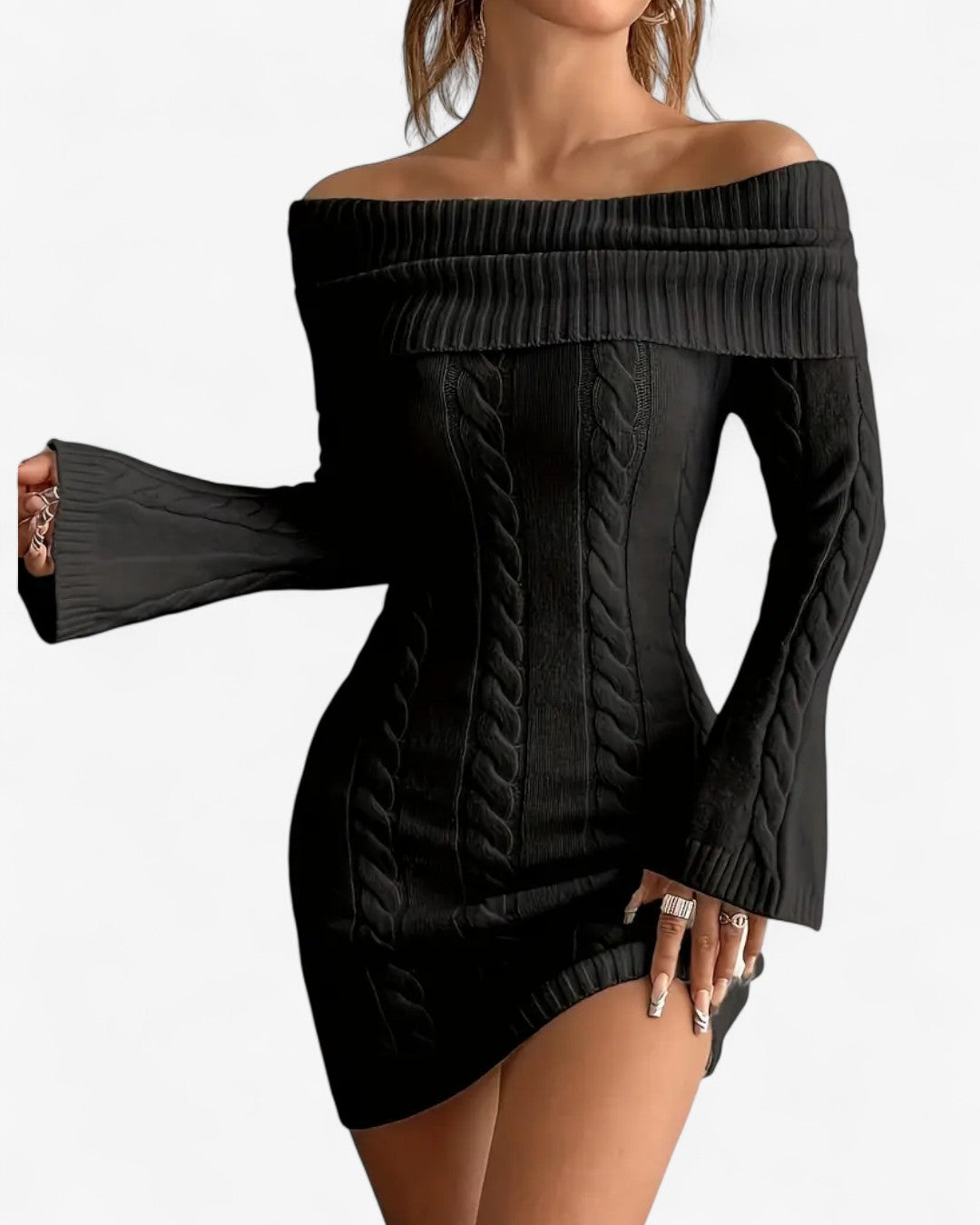 Off-Shoulder Ribbed Knit Sweater Dress