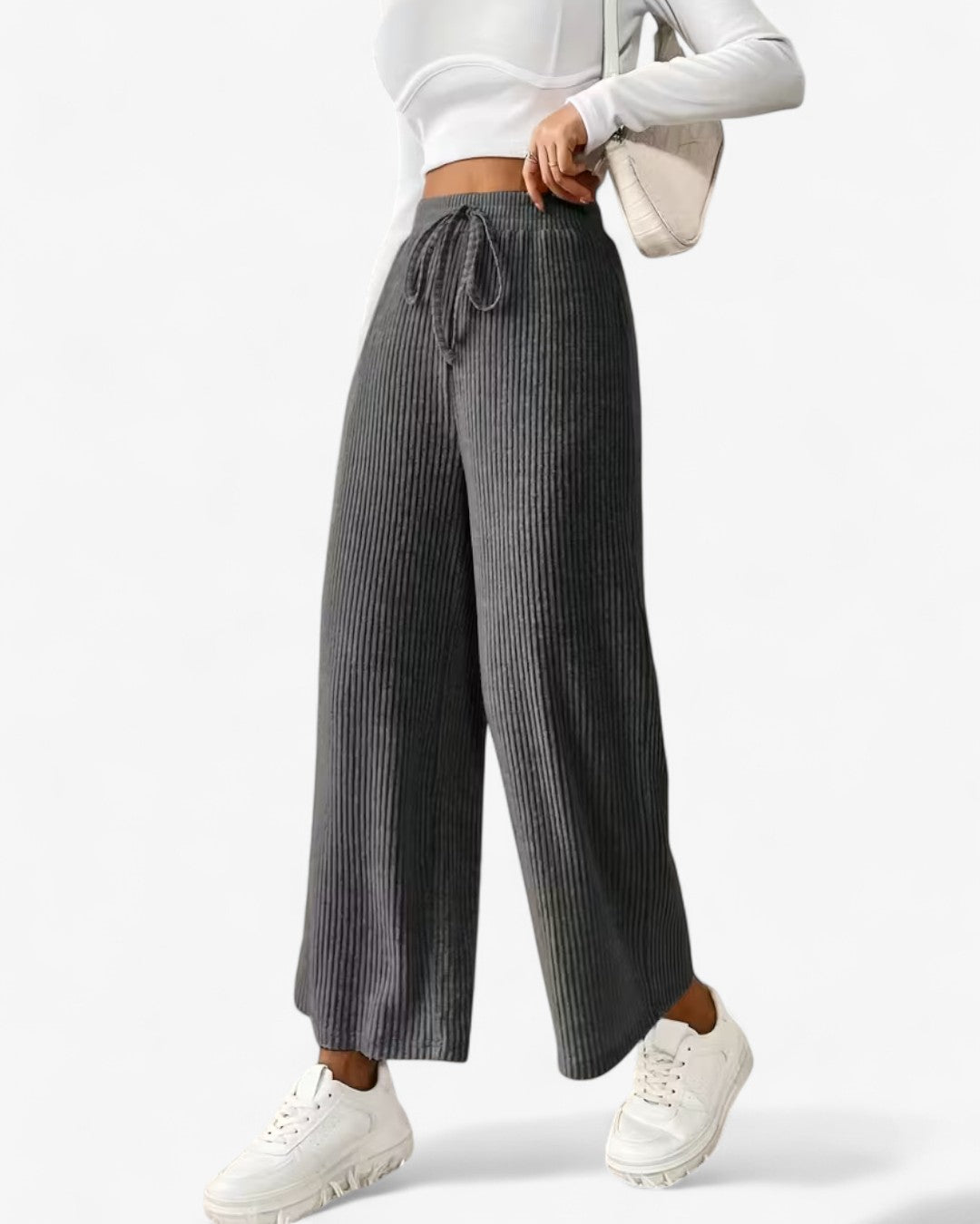 Solid Ribbed High-Waisted Wide-Leg Pants