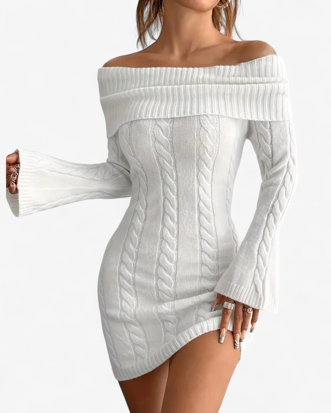 Off-Shoulder Ribbed Knit Sweater Dress
