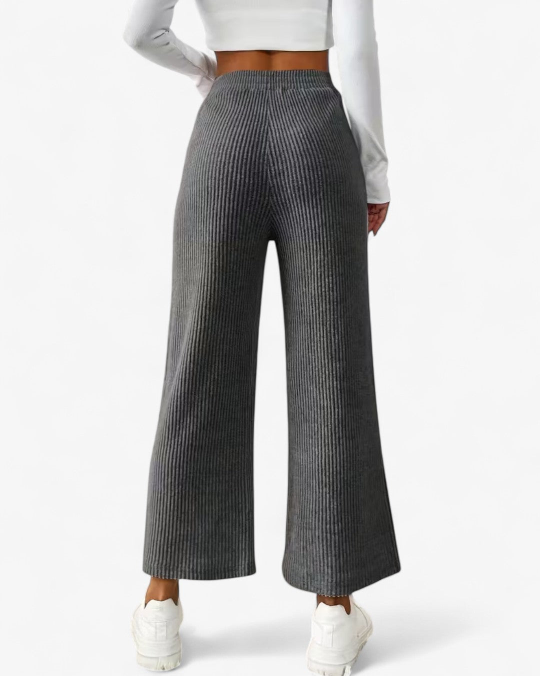 Solid Ribbed High-Waisted Wide-Leg Pants