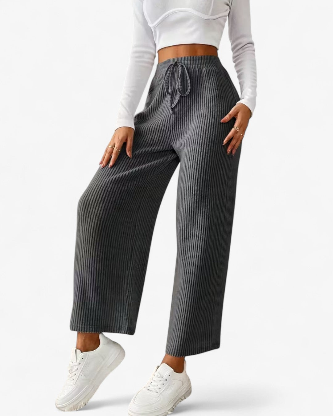 Solid Ribbed High-Waisted Wide-Leg Pants