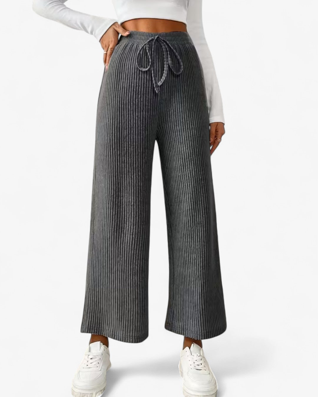 Solid Ribbed High-Waisted Wide-Leg Pants