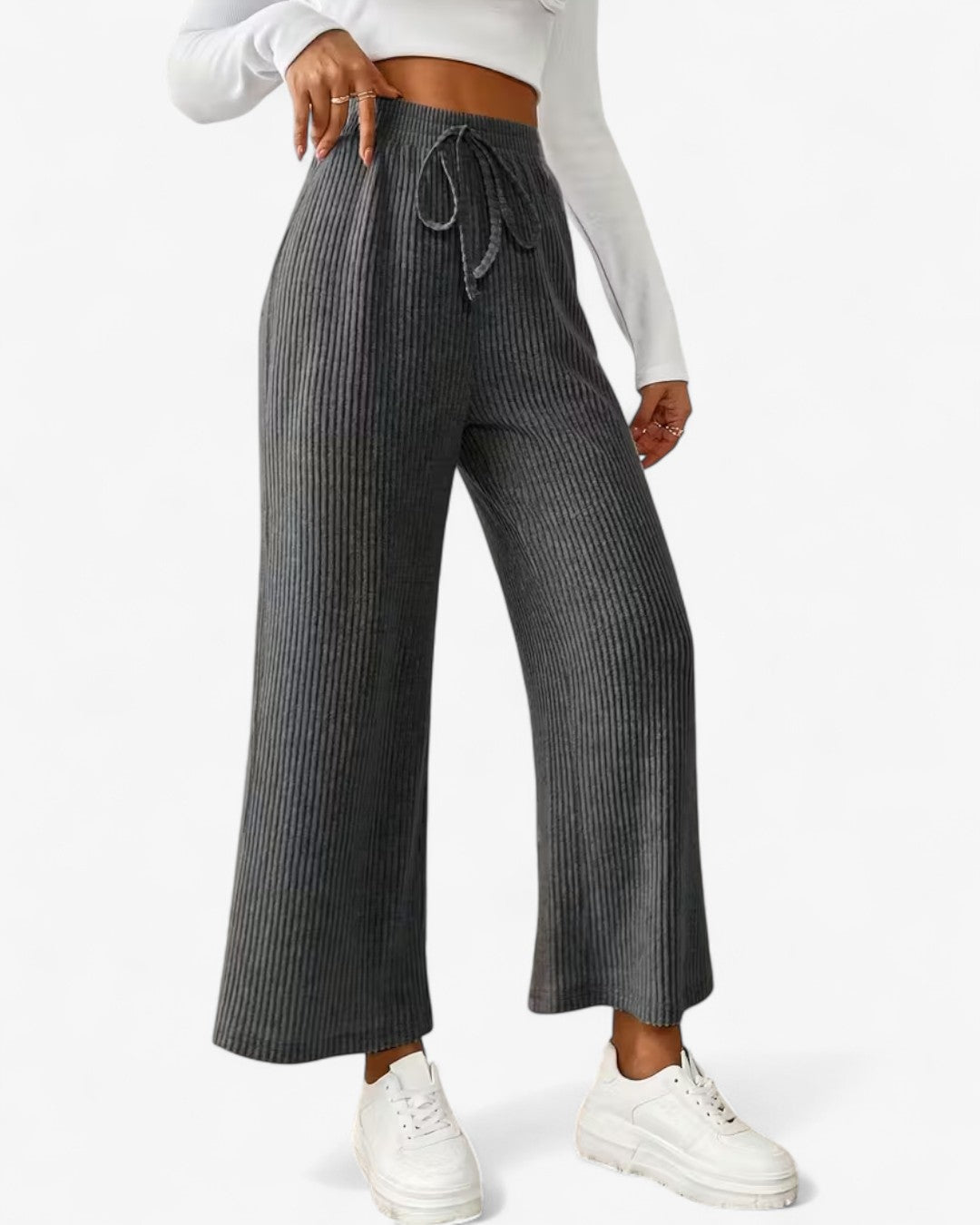 Solid Ribbed High-Waisted Wide-Leg Pants
