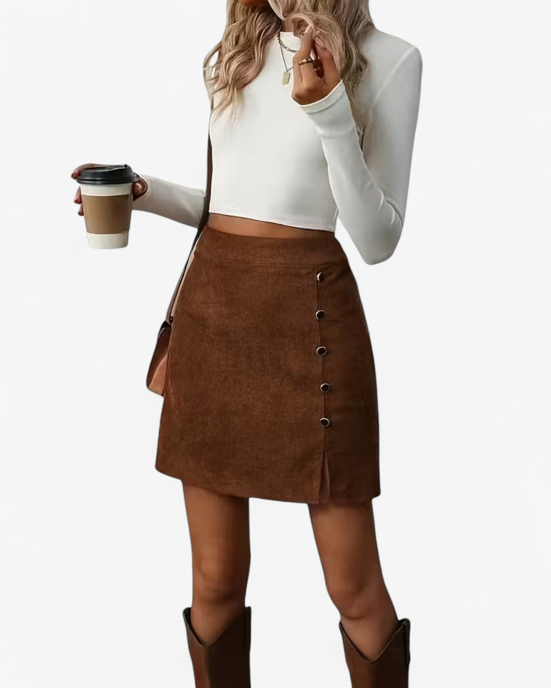 Brown A-Line Skirt with Button Detail