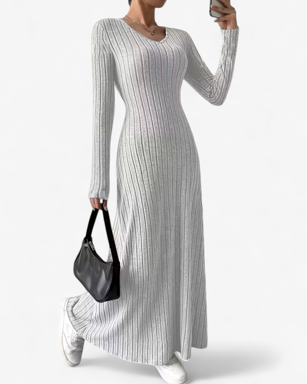 V-Neck Long-Sleeve A-Line Maxi Dress