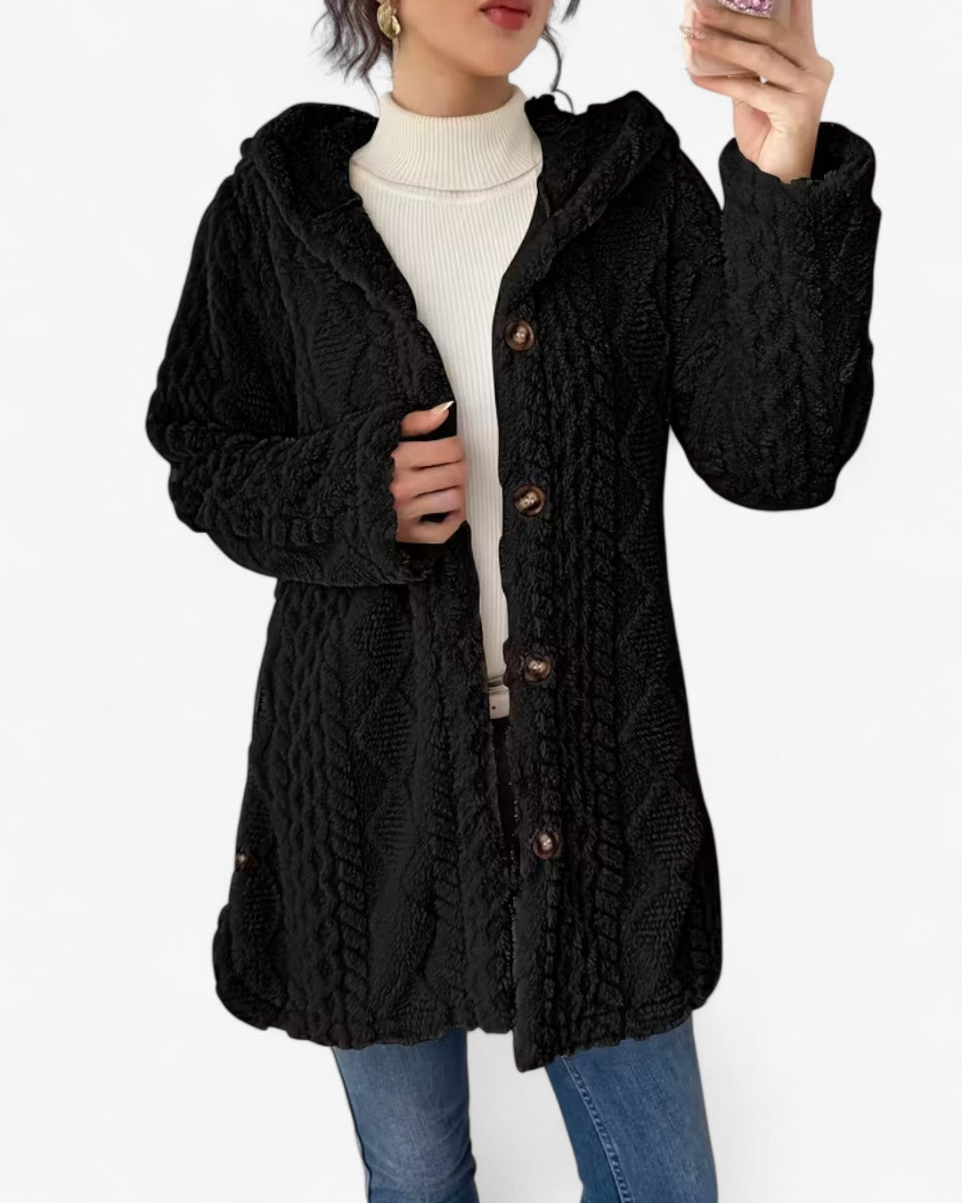 Textured Hooded Faux Fur Coat