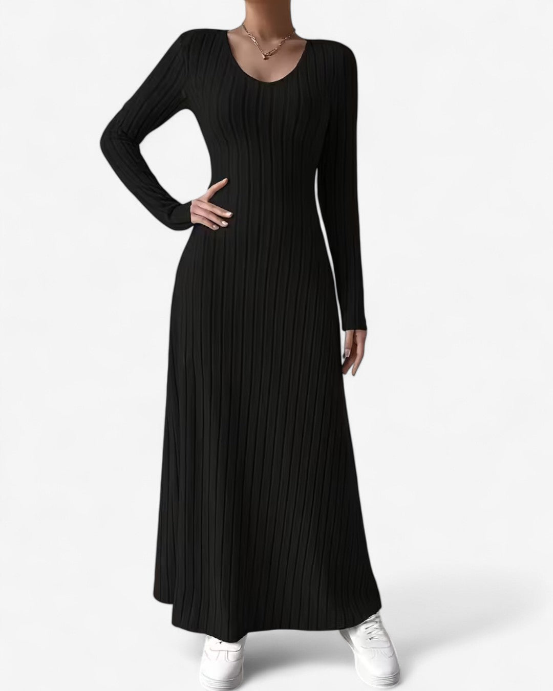 V-Neck Long-Sleeve A-Line Maxi Dress