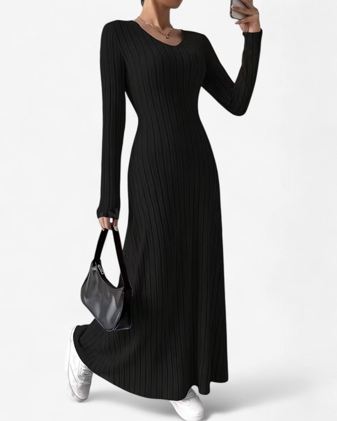 V-Neck Long-Sleeve A-Line Maxi Dress
