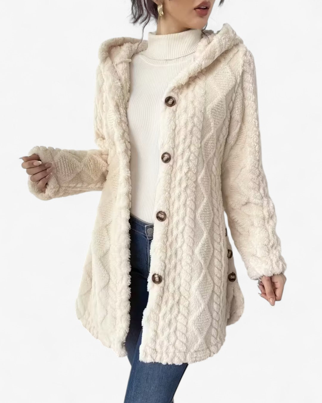 Textured Hooded Faux Fur Coat