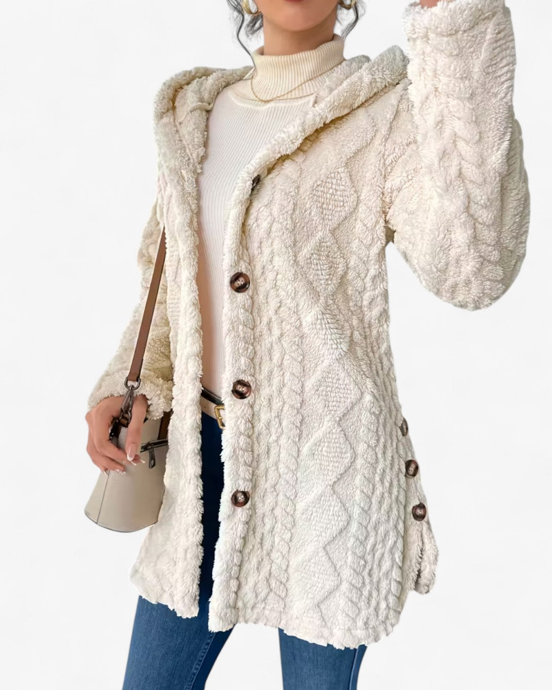 Textured Hooded Faux Fur Coat
