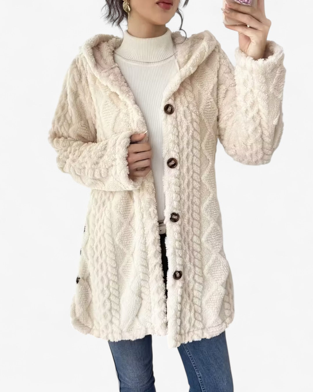 Textured Hooded Faux Fur Coat