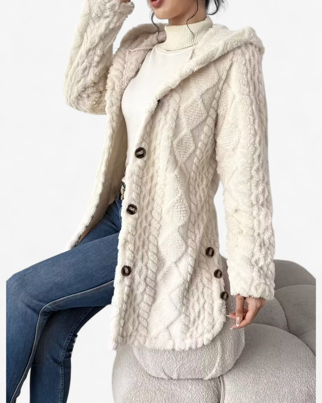 Textured Hooded Faux Fur Coat