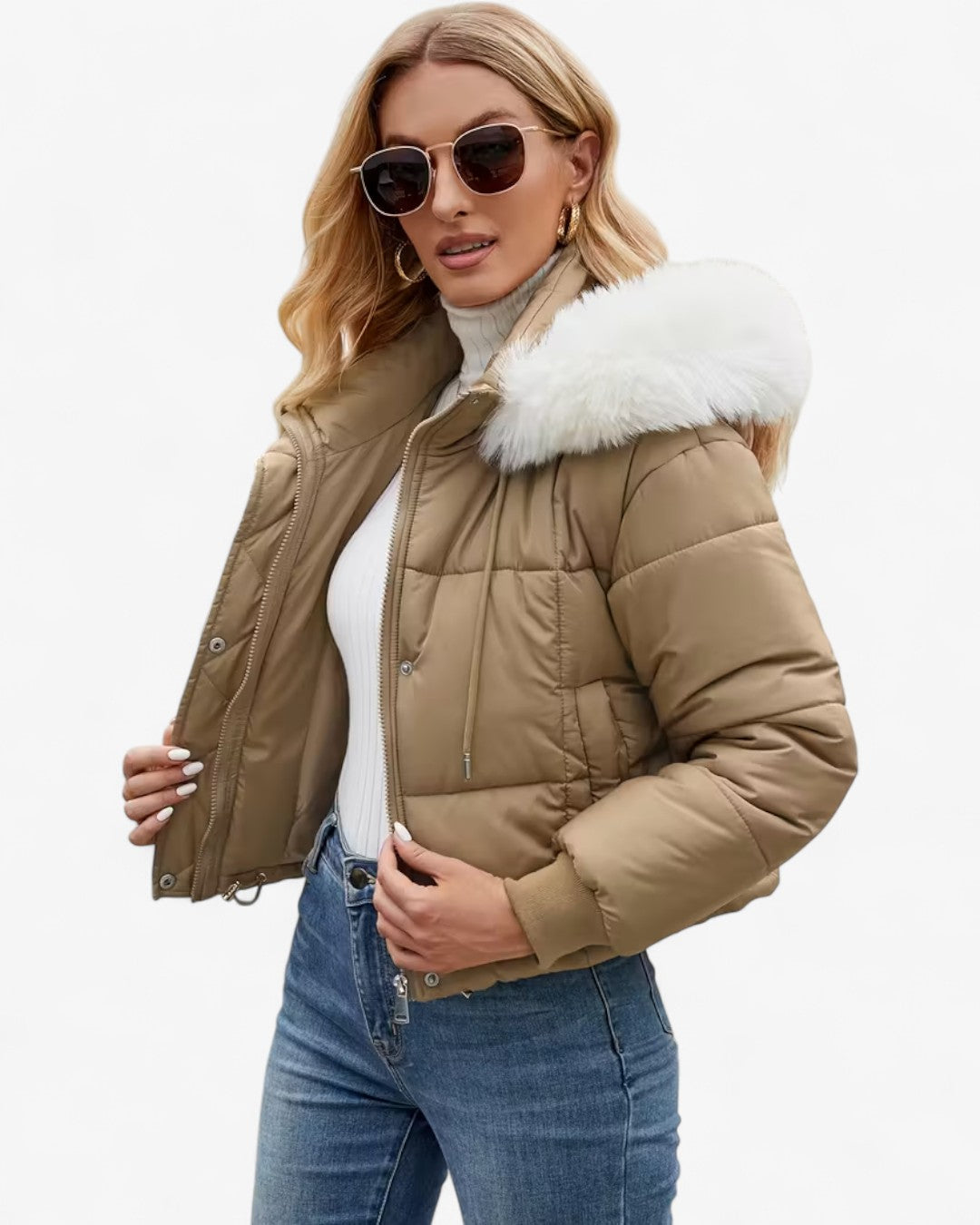Short Hooded Jacket with Faux Fur Trim