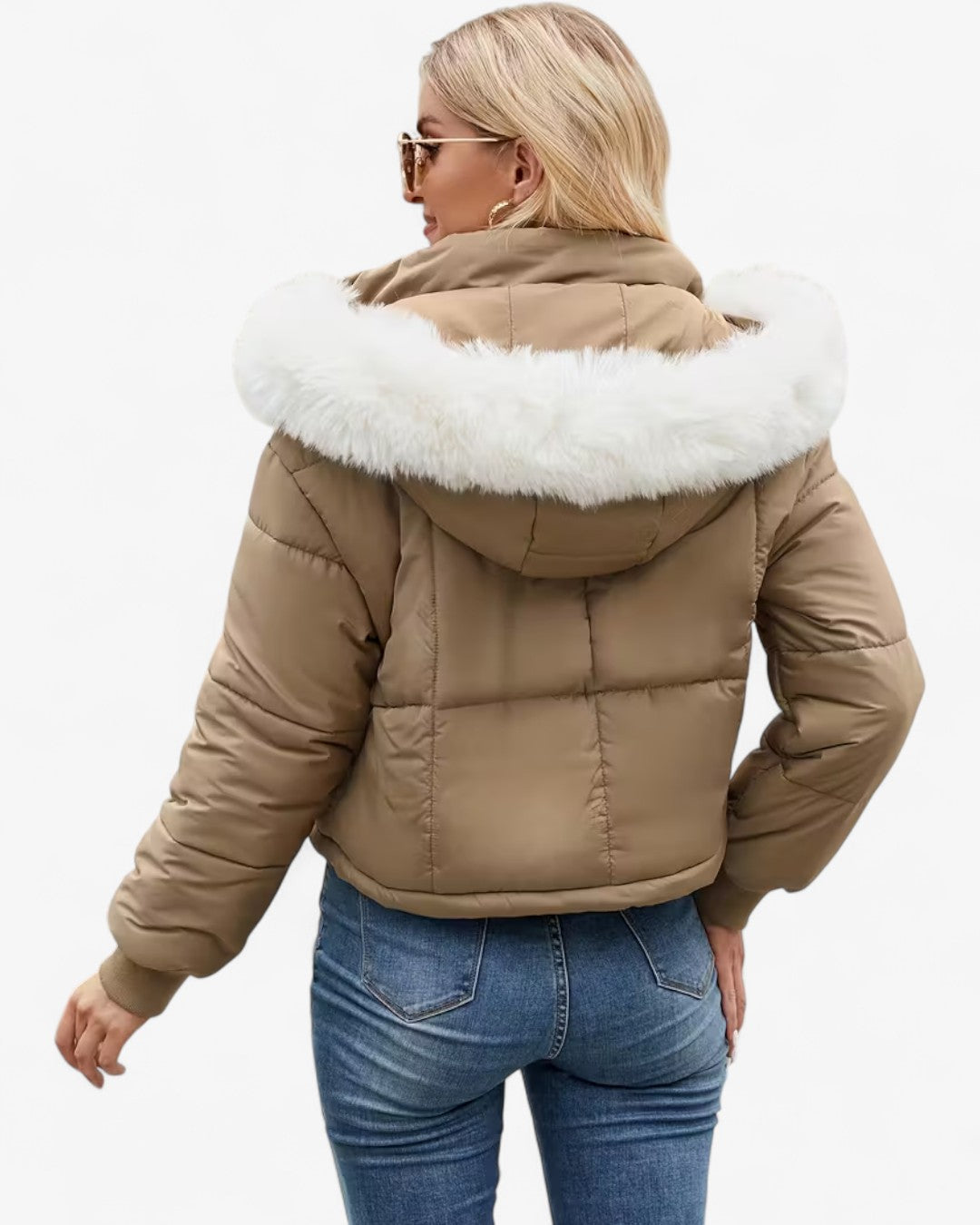 Short Hooded Jacket with Faux Fur Trim